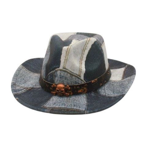 Cappello Cowboy Western Retrò Patchwork Denim Tesa Larga Teschio Di Metallo Stile Punk Jazz Fedora Accessorio All Aperto