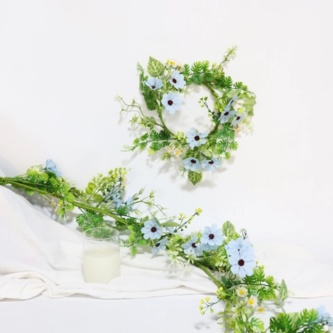 Artificial Flower Wreath Satin Daisy Plastic Greenery Candle Ring For Wedding Party Home Decor Door Wall Hanging Romantic