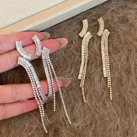 Boucles D'oreilles Longues À Pampilles Géométriques En Zircon Base En Cuivre Avec Tige En Argent 925 Vintage Élégantes Femmes