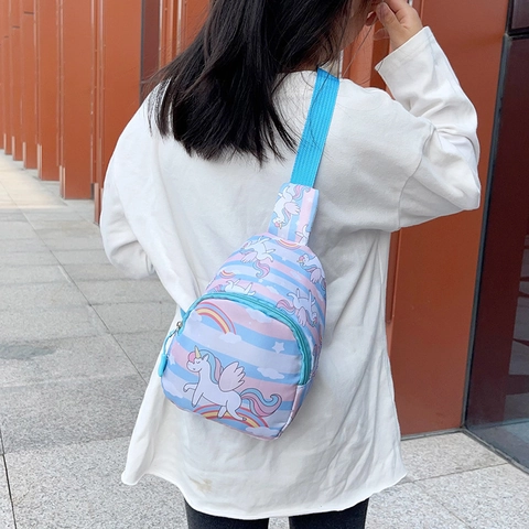 Kids Chest Bag Cartoon Unicorn Rainbow Nylon Crossbody Shoulder Pack For Toddler Boys Girls Cute Fashion Casual School