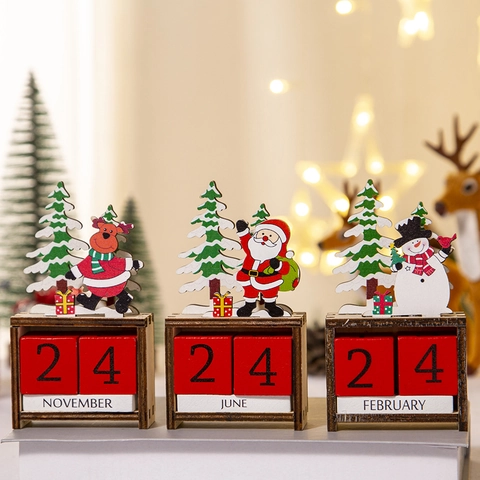 Christmas Countdown Calendar Wooden Perpetual Desk Ornament Santa Snowman Reindeer Blocks Holiday Decoration Home Office