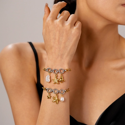 Pulsera De Dijes Tema Océano Acero Inoxidable Estrella De Mar Tortuga Pulpo Concha Perla Artificial Bicolor Oro Plata Vacaciones Playa Vintage Mujeres