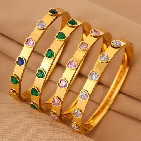 Eleganter Edelstahl Herz Strass Armreif Für Damen Vergoldet Pave Bunte Steine Eingelegt Mode Armband Geschenk