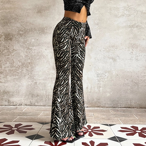 Pantaloni A Zampa Con Stampa Animale Vita Alta Strass Vestibilità Aderente Pantaloni Lunghi Moda Donna