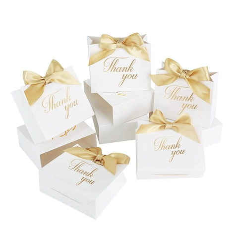 Elegant Thank You Gift Bags With Gold Foil Printing Satin Ribbon Bow For Wedding Party Candy Favors Paper Cardboard