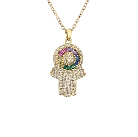 Evil Eye Hamsa Hand Heart Round Pendant Necklace Copper Colorful Cubic Zirconia Trendy Fashion Jewelry For Women