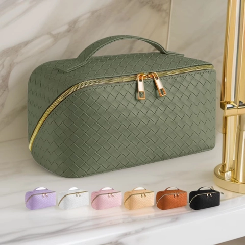Geflochtene Make-up Tasche Große Kapazität Wasserdicht Kunstleder Reise Kulturbeutel Organizer Tragbarer Griff