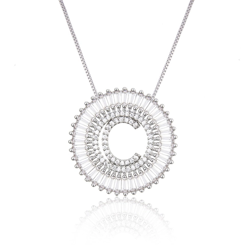 Letter Initial Pendant Necklace Round Baguette Zirconia Platinum Plated Copper Fashion Jewelry For Women Elegant