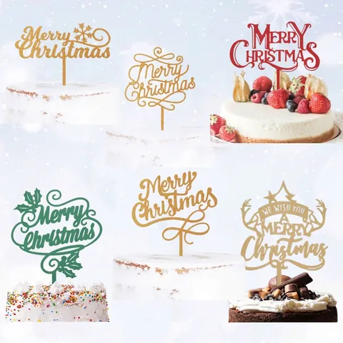 Merry Christmas Cake Topper Acrylic Glitter Reindeer Snowflake Letter Dessert Decoration Holiday Party Ornament
