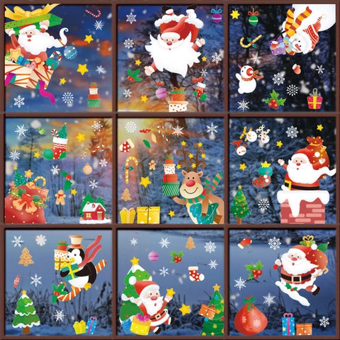 Christmas Window Clings Static Stickers PVC Santa Snowman Reindeer Snowflake Festive Glass Decals Reusable