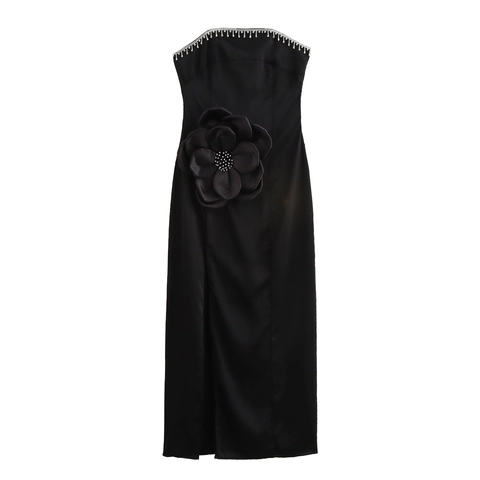 Trägerloses Satin Abendkleid Schwarz 3D Blume Strass Quaste Körperbetont Schlitz Formales Maxi Kleid Für Damen