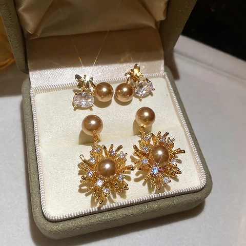 Orecchini A Lobo Fiore Farfalla Con Perla Artificial Sintetica Champagne Zircone E Perno In Argento Sterling 925 Elegante Donna