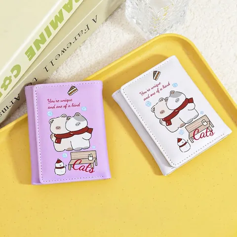 Cute Cartoon Cat Short Tri-fold Wallet PU Leather Card Holder Purse For Women Students