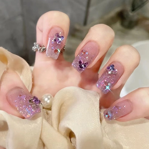 Aurora Butterfly Press On Nails Pink Purple Gradient Glitter 3D Resin Charms Medium Square Full Cover Manicure
