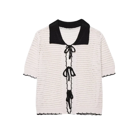 Femme Crochet Évidé Tricot Cardigan Polo Col Bordure Contrastée Noeud Devant Manches Courtes Rétro Élégant