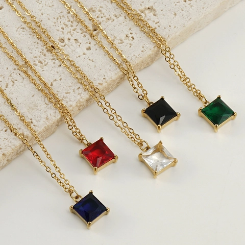 Titanium Mode Veelkleurige Zirkoon Hanger Sleutelbeenketting 18k Goud Roestvrij Staal Vierkante Ig Ketting Voor Dames