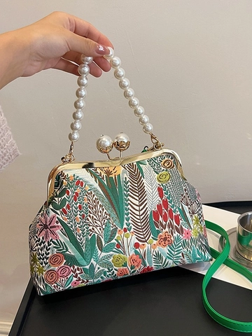 Vintage Chinese Style Floral Embroidered Handbag Elegant Jacquard Crossbody Bag With Artificial Pearl Handle Metal Kiss Lock