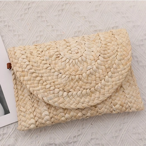Handmade Straw Woven Envelope Clutch Bag Summer Beach Vacation Solid Color Fashion Handbag For Women