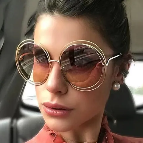 Oversized Round Sunglasses Metal Double Wire Hollow Frame Gradient Lenses Vintage Fashion Eyewear UV400 Protection Women