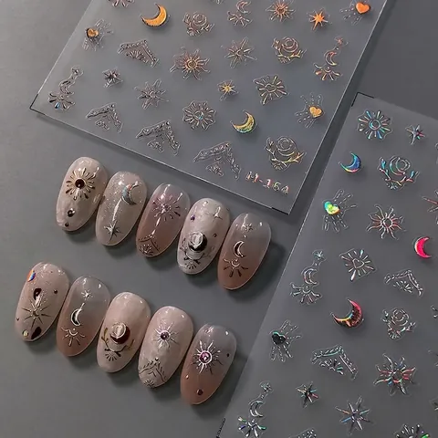 3D Embossed Nail Art Stickers Metallic Holographic Laser Sun Moon Star Celestial DIY Manicure Decoration Decals