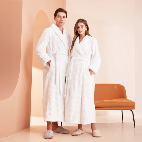 Unisex Verdickter Flanell Bademantel Waffelstruktur Schalkragen Warmer Wintermantel Lange Nachtwäsche Für Paare