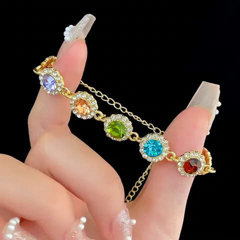 Colorful Rhinestone Round Cluster Bracelet Alloy Zircon Flower Bangle For Women Adjustable Retro Luxury Jewelry Style