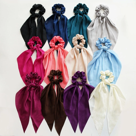 Elegant Satin Satin Scrunchies With Long Streamer Bow Elastic Hair Ties Solid Color Ponytail Holder Fashion Accessories