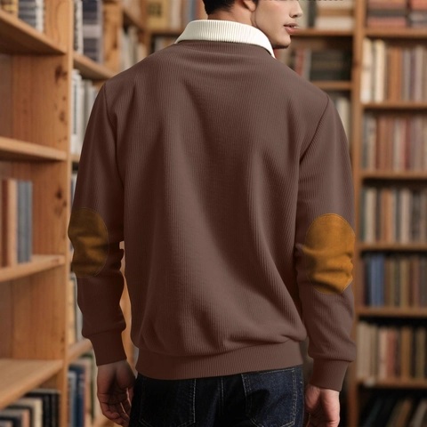 Felpa In Velluto A Coste Da Uomo Collo Henley Color Block Pullover Casual A Maniche Lunghe Con Toppe Sui Gomiti