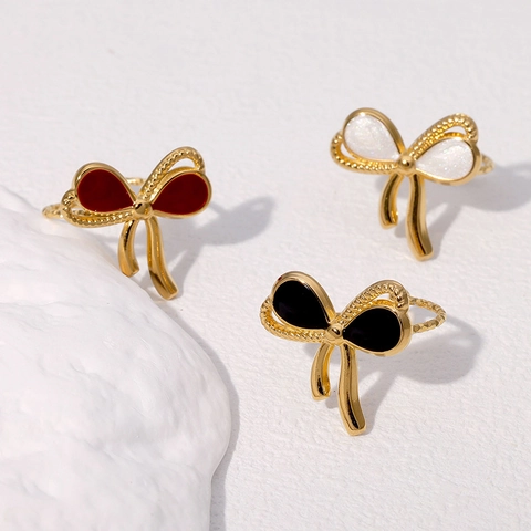 Bague Ouverte Noeud En Acier Inoxydable Plaqué Or 18K Émail Bijou De Doigt Réglable Pour Femme Style Minimaliste