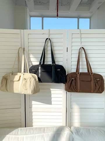 Nylon Umhängetasche Große Kapazität Kordelzug Gerüschte Seitentasche PU Leder Urban Casual Damen Boston Tasche