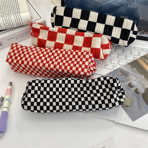 Trousse À Crayons Motif Damier Texture Velours Sac Papeterie Grande Capacité Pochette Maquillage Portable Fermeture Éclair Étudiants Filles