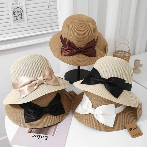 Women Sun Straw Hat Foldable UV Protection Wide Brim With Large Satin Bow French Elegant Summer Beach Travel
