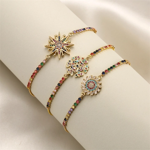 Colorful Zircon Adjustable Slider Bracelet Copper Gold Plated Snowflake Star Sunflower Jewelry For Women