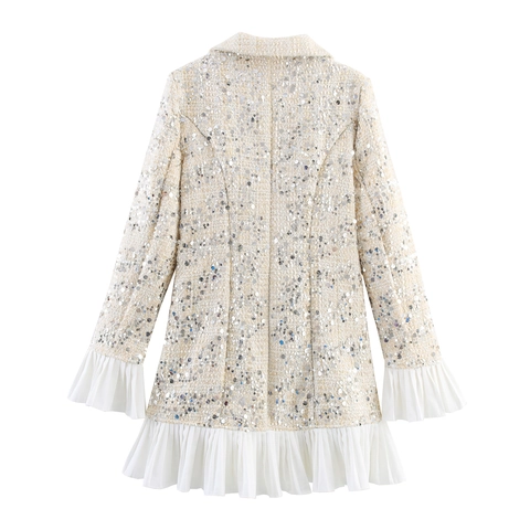 Pailletten Tweed Blazer Jurk Met Geplooide Chiffon Zoom Lange Mouwen Elegante Feest Mini Jurk