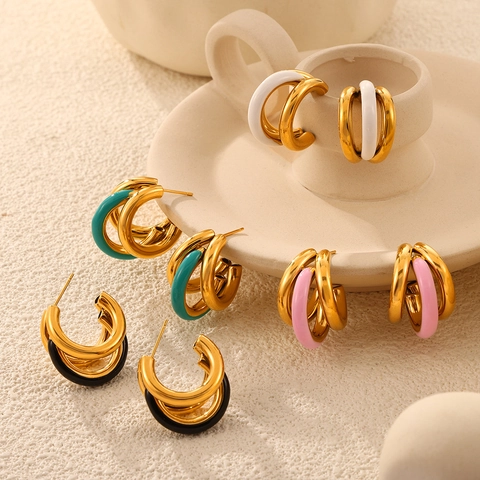 Exaggerated Multilayer C-Shape Hoop Earrings Stainless Steel Gold Plated Intertwined Enamel Minimalist Jewelry For Women