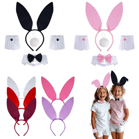 Konijnenoren Hoofdband Pluche Satijn Stof Kraag Manchetten Staart Accessoires Voor Halloween Pasen Party Cosplay Kostuum