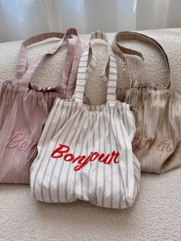 Sac Fourre-tout En Toile Rayée Avec Broderie De Lettres Et Cordon De Serrage Grande Capacité Sac À Épaule Pour Femmes