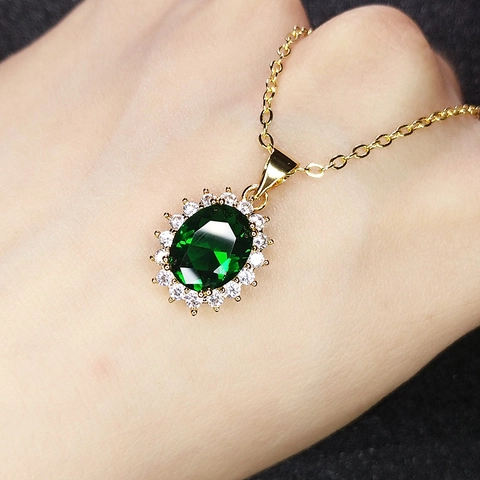 Elegante Ovale Smaragdgroene Zirkonia Hanger Ketting Verguld Koper Witte Zirkonia Halo Zonnebloem Ontwerp Sieraden Dames