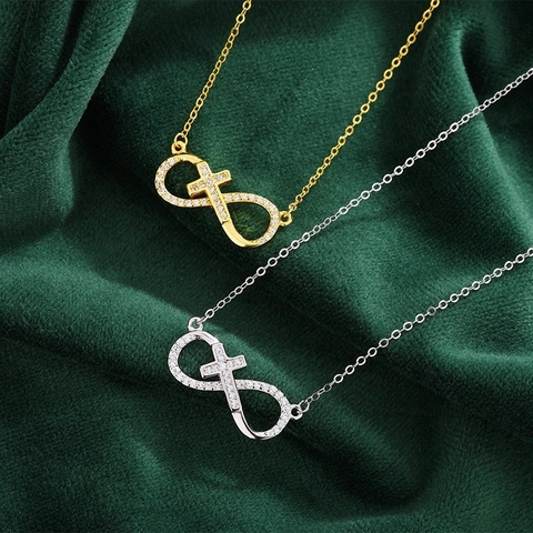 Collana con Ciondolo a Croce a Infinito in Argento Sterling 925 Elegante Intarsiata con Strass Gioielli alla Moda da Donna