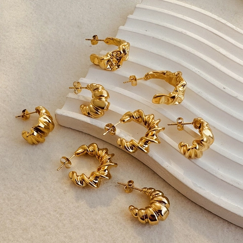 Stainless Steel Hoop Earrings 18K Gold Plated Croissant Textured C Shaped Geometric Retro French Style For Women