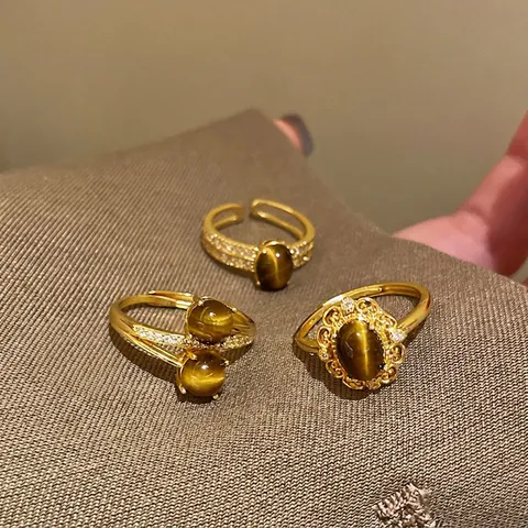 Retro Gold Plated Copper Adjustable Ring With Oval Brown Tiger Eye Stone And Sparkling Zircon For Women Vintage Jewelry