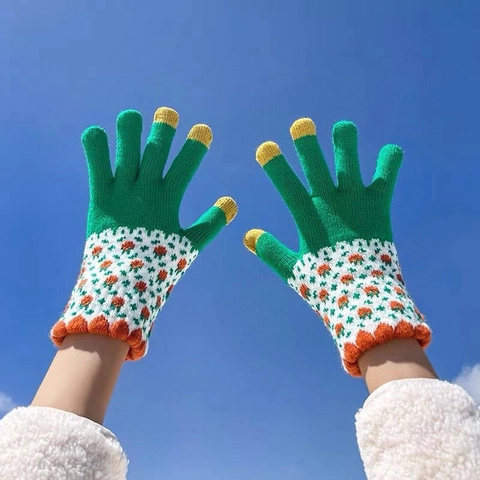 Guanti In Maglia Invernali Touchscreen Foderati In Pile Caldi Spessi Colori Spaiati Motivo Floreale Ciclismo Uomini Donne