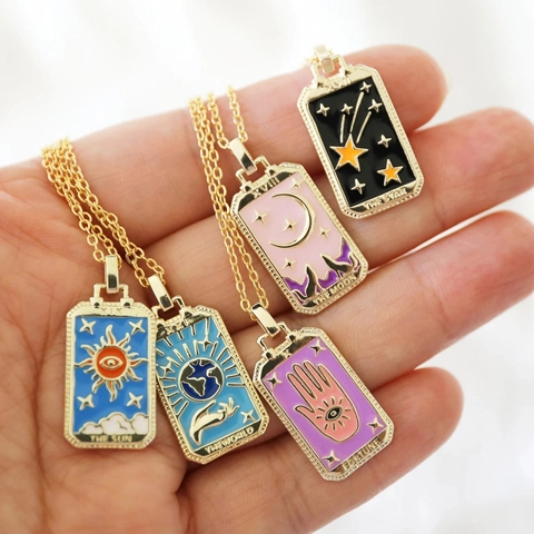 Vintage Tarotkarten Anhänger Halskette Vergoldet Kupfer Emaille Rechteck Himmlische Sonne Mond Stern Schmuck
