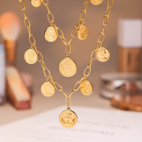 Stainless Steel Queen Elizabeth II Portrait Coin Pendant Necklace Retro Double Sided Embossed Thick Link Chain For Women