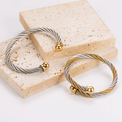 Stainless Steel Twisted Cable Cuff Bracelet For Men Spiral Wire Bangle With Round Sphere Ends Fashion Jewelry