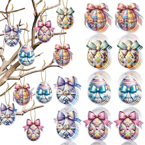 Easter Egg Hanging Tags Cardboard Ornaments With Twine Bows Party Decoration Gift Labels Colorful Floral Geometric