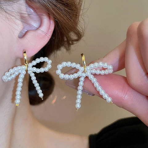 Bow Knot Artificial Pearl Hoop Earrings Elegant Sweet Alloy Imitation Artificial Pearl Tassel Drop Earrings With Steel Earring Post For Women