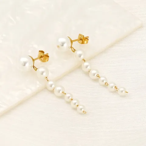 Long Drop Earrings Stainless Steel 18K Gold Plated Gradient White Artificial Pearl Tassel Elegant Fashion Accessory For Women