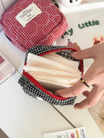 Quilted Heart Grid Pouch Cotton Sanitary Napkin Storage Bag Portable Makeup Case Small Coin Purse For Girls Women Plaid