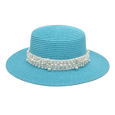 Women Boater Hat Elegant Artificial Pearl Band Decor Flat Top Straw Sunshade Beach Cap Wide Brim Summer Travel Breathable Fashion